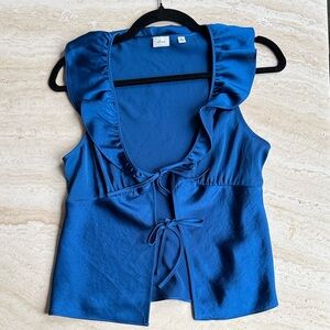 Aritzia blue satin front top with ruffle detail
